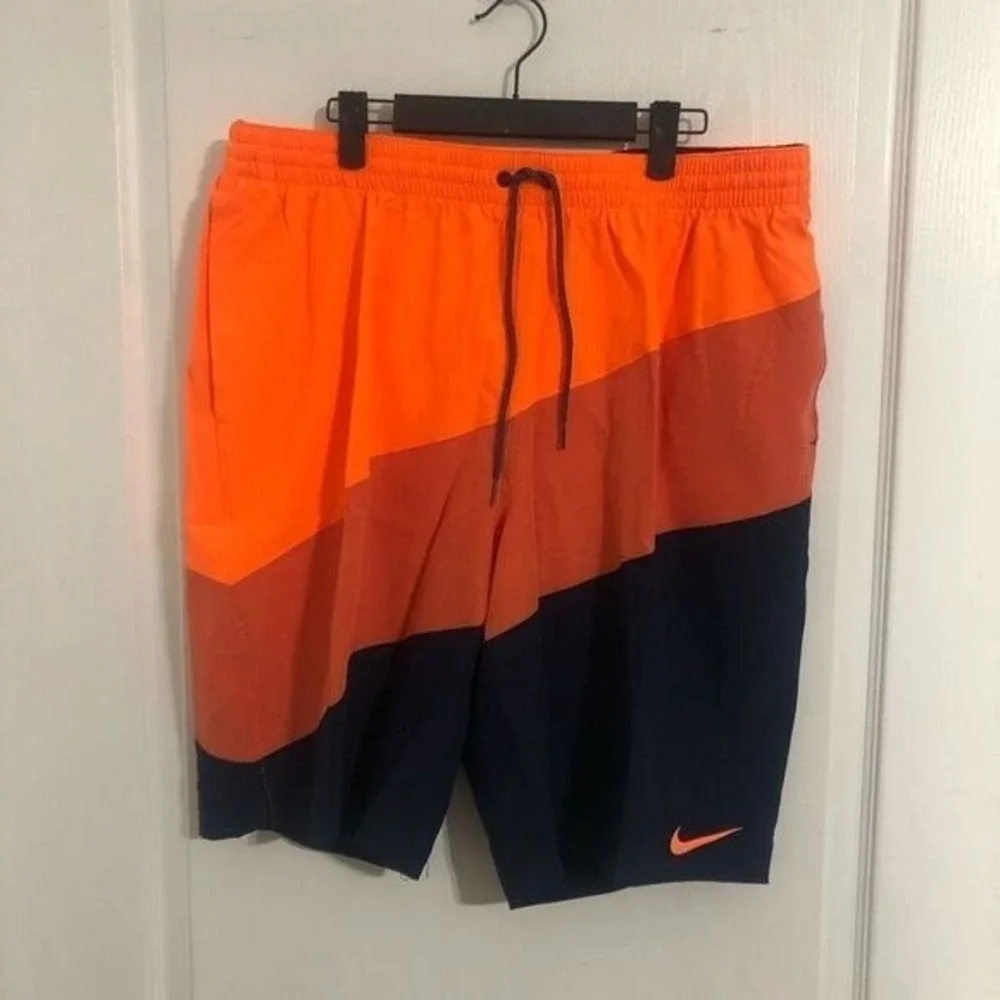 Nike Mens Size Small‎ Orange Navy Color Block Swim Trunks Board Shorts NESS9445
